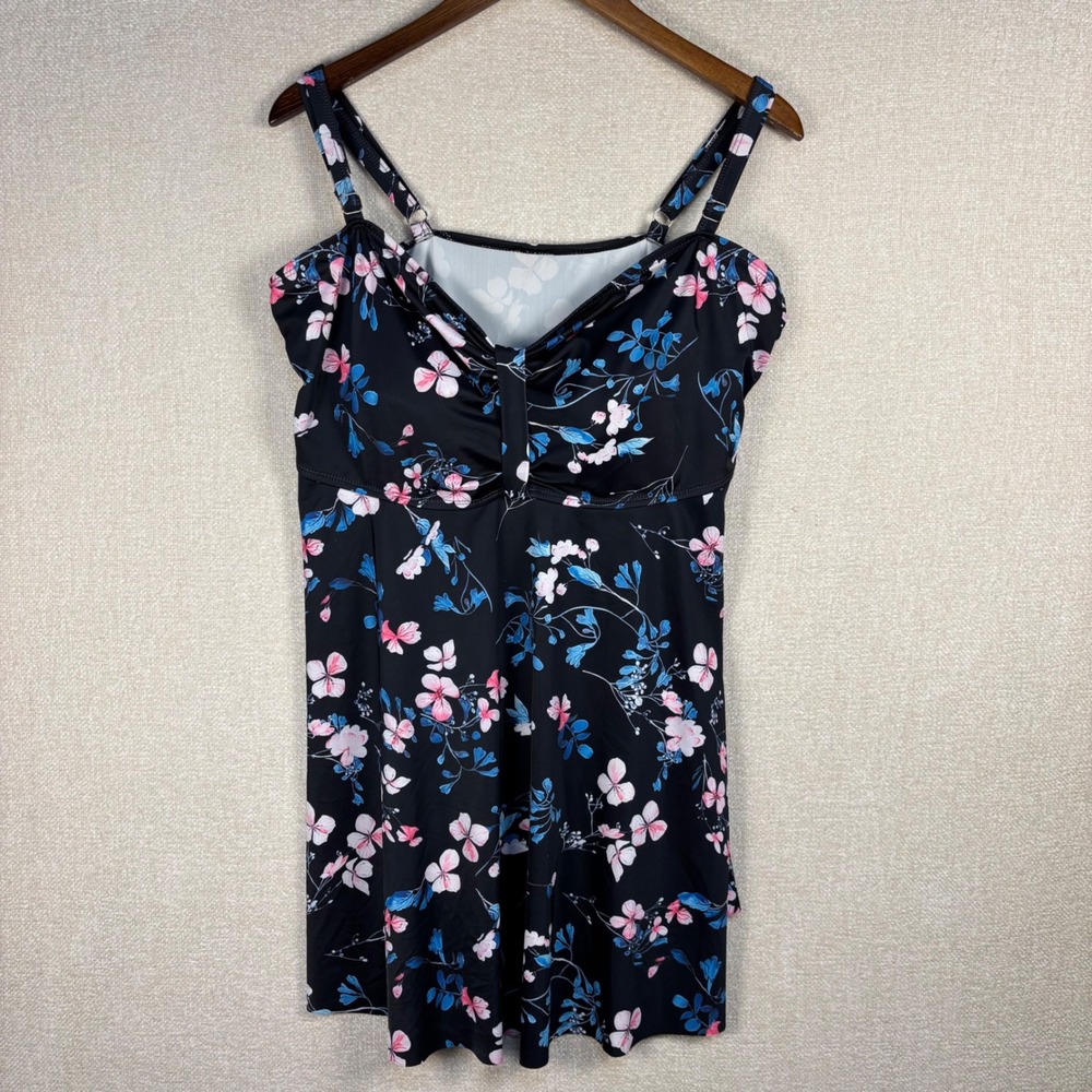 Womens Floral Tankini Swim Top Black Pink Blue Size 3XL Swimdress Sleeveless